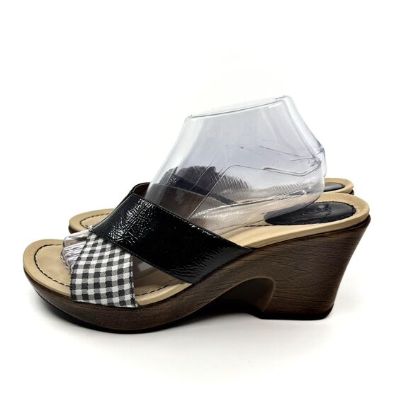 Dansko Wedge Sandals 42 US 11 Black Patent Gingham Slip On Heel Comfort Shoe - Picture 1 of 12